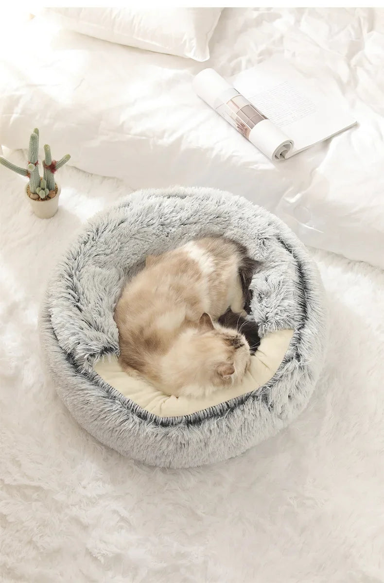 Soft plush pet bed semi-enclosed