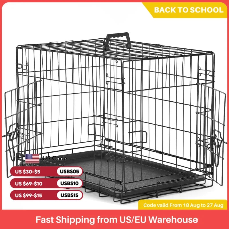 JHK Double Door Folding Metal Wire Dog Cage with Plastic Leak-Proof Pan Tray Extra Large Pet Kennel for Indoor Outdoor Travel