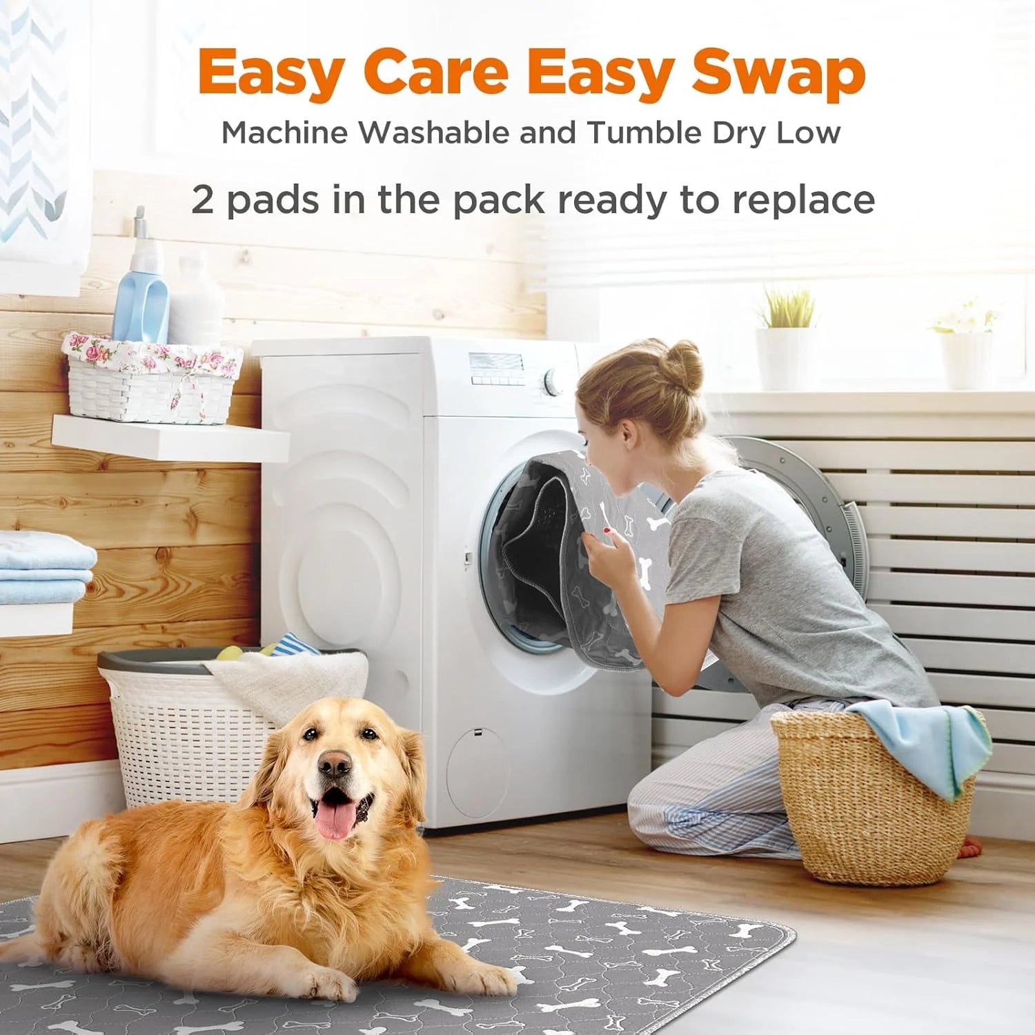 Pet Washable Waterproof Pee Pads, 2 Pieces with Bone Print