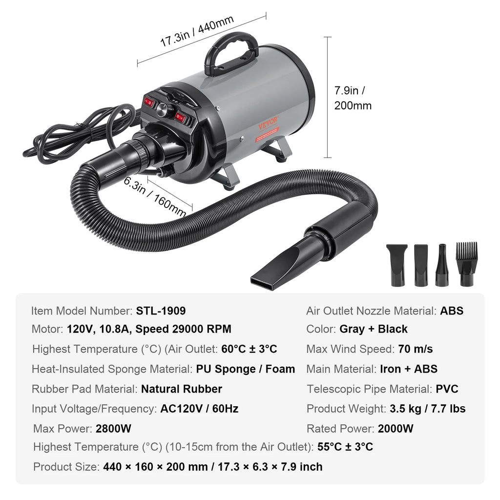 Pet Blow Dryer Grooming Adjustable Speed Temperature Control