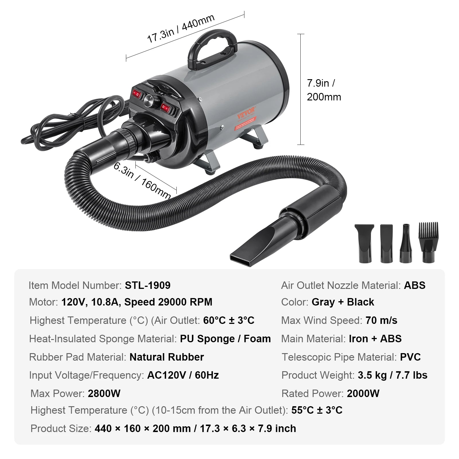 Pet Blow Dryer Grooming Adjustable Speed Temperature Control