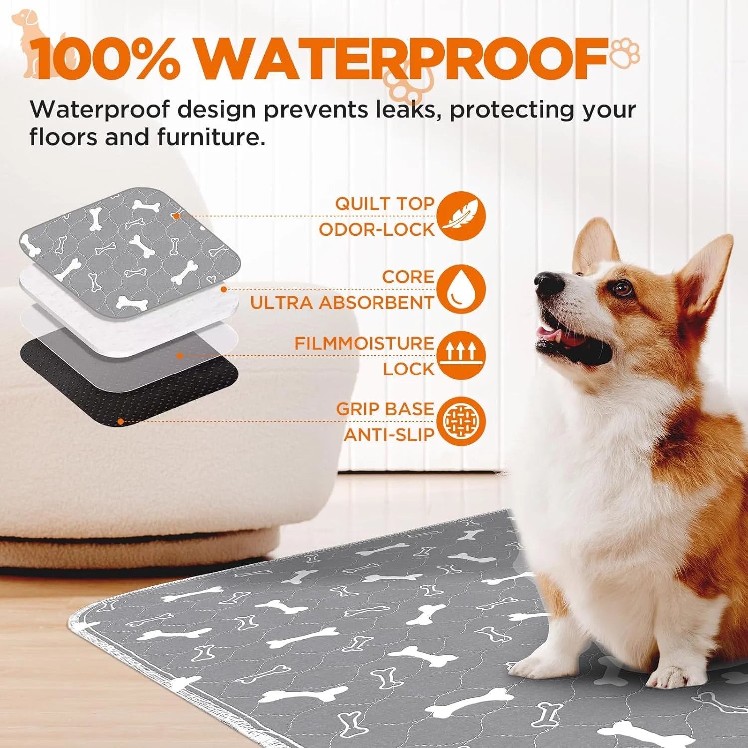 Pet Washable Waterproof Pee Pads, 2 Pieces with Bone Print